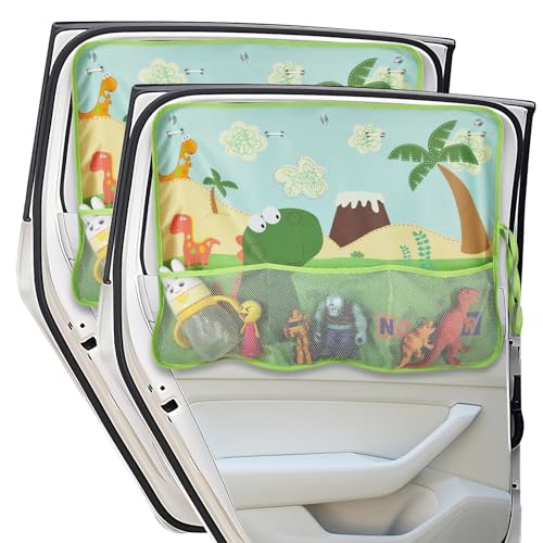 DIZA100 Car Window Shade for Baby, 2 Pack Car Sun Shades with Storage Pockets Car Window Curtain 7 Suction Cups Dinosaurs Pattern for Sun/Heat/UV Rays Protection - color: Green-2pcs