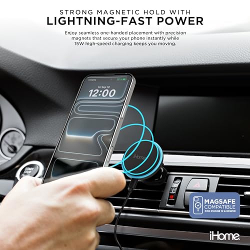 iHome 3-in-1 Magnetic Wireless Charging, Flexible Mount for Vent, Dash & Windshield, 15W Fast Charge