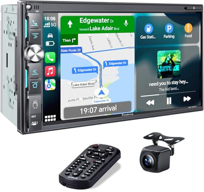 SJoyBring 7" Double Din Car Stereo with Wireless Apple CarPlay & Android Auto, QLED Touchscreen, Bluetooth, Backup Camera, 4.2-CHN Audio, 2 Subwoofer Outputs, AM/FM Car Radio