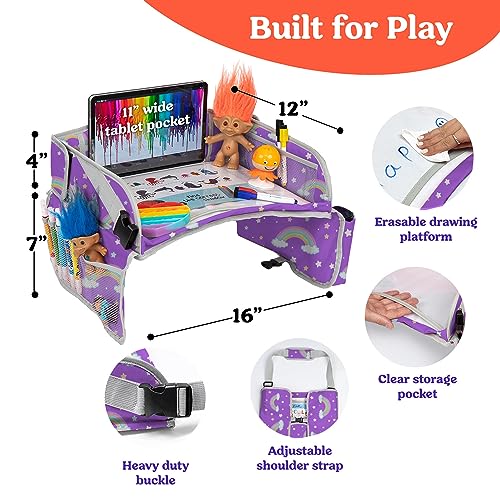 PILLANI Kids Travel Tray for Car - Car Seat Tray for Kids w/ Tablet & Cup Holder - Toddler Travel Activities for Car & Airplane - Road Trip Essentials & Must Haves - Carseat Table Roadtrip Activities - color: Rainbow