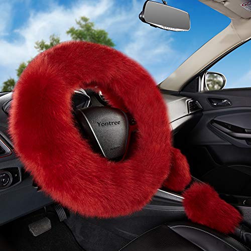 Yontree Fashion Fluffy Steering Wheel Covers for Women/Girls/Ladies/Men Australia Pure Wool Universal 15 Inch 1 Set 3 Pcs Long Wool Burgundy - color: Burgundy, size: Long Wool