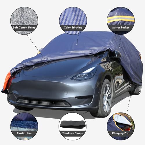 Tesla Model Y Car Cover Waterproof All Weather, 6 Layers Outdoor Full Exterior Cover Rain Sun UV Snowproof Protection with Zipper Cotton, Mirror Pocket and Charging Port - style: Model Y-Red