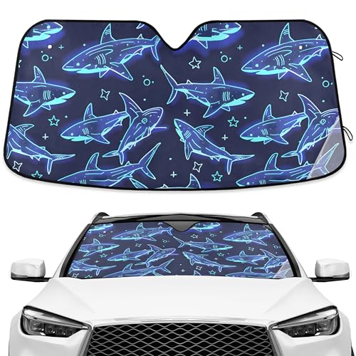 Cute Sharks Blue Windshield Sunshade Car Sun Shade Blocks UV Rays Visor Protector Accordion Folding Sun Reflector Auto Sunshade for Truck SUV - color: Blue