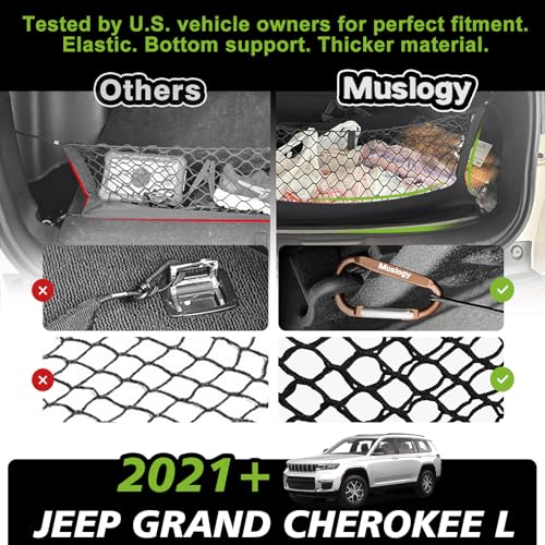 Muslogy Truck Bed Cargo Net Trunk Netting Compatible with 2021-2025 2026 Jeep Grand Cherokee L (3-Row GCL) Accessories, Pickup Cargo Organizer SUV Sedan Storage Net w/Heavy Duty Carabiners - style: 2021+ Grand Cherokee L (3-Row)