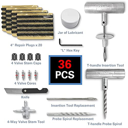 CKAuto Universal Tire Repair Kit, Heavy Duty Car Emergency Tool Kit for Flat Tire Puncture Repair, 36 Pcs Value Pack, Tire Plug Kit fit for Autos, Cars, Motorcycles, Trucks, RVs, etc. - size: 36 pcs
