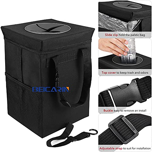 Beicarin Car Trash Can with Lid - Car Trash Bag Hanging with Storage Pockets Collapsible and Portable Car Garbage Bin, Leak-Proof Car Organizer, 1.82 Gallons Multipurpose Trash Bin for Car - size: 1.82 Gal