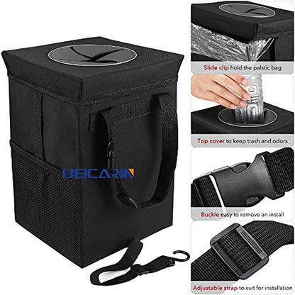 Car Trash Can with Lid - Trash Bag Hanging with Storage Pockets Leak-Proof SUV Organizer Collapsible and Portable Waterproof Truck Garbage Bin, 2.6 Gal Large Capacity Multipurpose Trash Bin for Van - size: 2.6 Gal