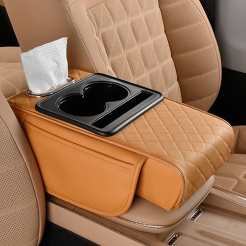 Multifunctional PU Leather Car Armrest Box Mat, 5-in-1 Center Console Cushion Cover with Storage Box, Cup & Phone Slot & Tissue Holder, Universal Waterproof Interior Organizer (Yellow) - color: Yellow