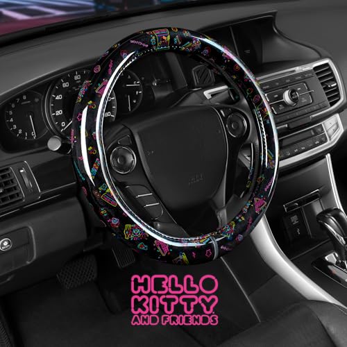 Hello Kitty Steering Wheel Cover, Official Sanrio Car Steering Wheel Cover with Universal Size 14.5-15, Cute Black Hello Kitty Car Accessories for Women (Hello Kitty Kawaii Arcade) - style: Hello Kitty Kawaii Arcade