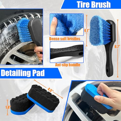 Wheel Brush Kit, Soft Drill Wheel Cleaner Brush, Tire Brush, Detailing Brush, and Detailing Pads, No Scratches Car Wheel Cleaning Kit for Wheels, Tire, Rims, Engines, Exhaust(Blue + White 9 Pk) - color: Blue + White 9 Pk