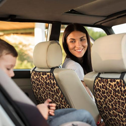 Leopard Print Car Seat Back Protectors 2 Pack – Large Kick Mats with Storage Pockets, Universal Fit for Most Vehicles