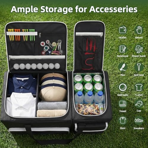 Golf Trunk Organizer, 2-Layer Car Trunk Locker with Ventilated Shoe Compartment for 2 Pairs, Adjustable Dividers, Multi-Pocket Storage for Balls Tees Gloves Towels