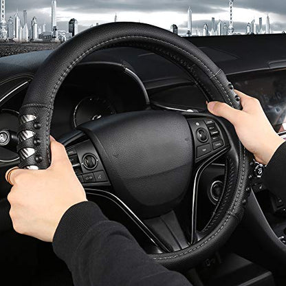 West Llama Microfiber Leather Car Steering Wheel Cover for Men Women,Universal Fit 14.5-15 inch(Leather Nails-Gray+Black-Standard Size) - color: C-Silver+Black, size: Standard size (14 ½''-15'')