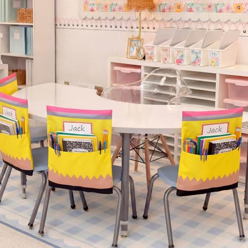 12 Pack Pencil Chair Pockets for Classroom 18.5'' x 19'' Preschool Seat Pockets Kindergarten Pencil Classroom Decor Elementary Back to School Teacher Chair Storage Organizer with Name Slot - style: Pencil