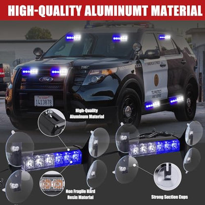 2X 6.1 inch Blue White Emergency Strobe Lights 12 LED Hazard Warning Flashing Safety Dash Front/Rear Windshield Lights Grill Surface Mount for Police Firefighter Ambulance Vehicles Trucks - color: Blue/White