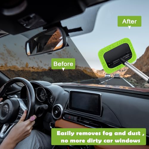 Frienda 3 Set Windshield Cleaner Tool Inside Car Window Cleaner Tool with 3 Extendable Handle 9 Reusable Microfiber Pads and 3 Spray Bottles for Auto Home Interior Exterior Glass Cleaning(Green) - color: Green