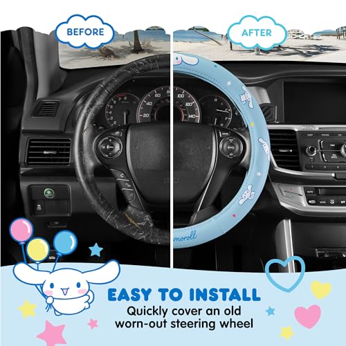 Sanrio Cinnamoroll Car Trunk Organizer & Steering Wheel Cover Set – Cute, Non-Slip, Soft Grip Car Accessories for Women – Collapsible Storage Bin for Groceries, Tools & Travel – 12.5"L x 12.5"W x 9"H - style: Set Cinnamoroll