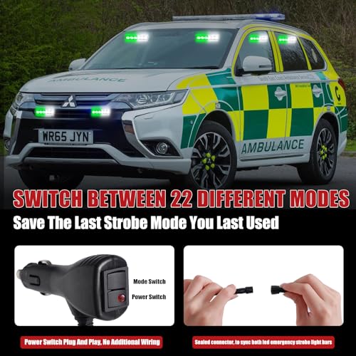2X 6.1 inch Emergency Strobe Lights Green White 12 LED Warning Flashing Safety Dash Side/Front/Rear Windshield Lights Grill Surface Mount forVolunteer Firefighter Vehicles POV Trucks Car... - color: Green/White