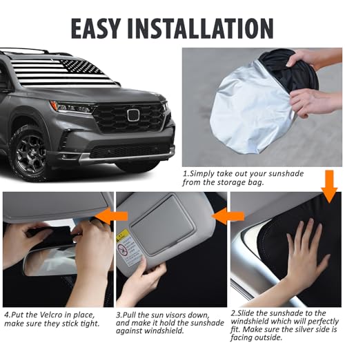D-Lumina Windshield Sun Shade for 2016-2025 Honda Pilot Accessories, Front Window Sunshade American Flag Sun Visor Protector Sun Shield Blocks UV Rays Heat, Foldable 2 Layers 210T Material - size: Silver & Black-fit 2016-2025 Honda Pilot