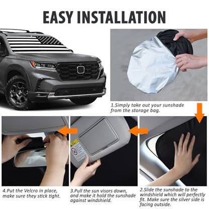 D-Lumina Windshield Sun Shade for 2016-2025 Honda Pilot Accessories, Front Window Sunshade American Flag Sun Visor Protector Sun Shield Blocks UV Rays Heat, Foldable 2 Layers 210T Material - size: Silver & Black-fit 2016-2025 Honda Pilot