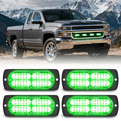 Nilight 4PCS 24LED Emergency Strobe lights 12V 24V Green Surface Mount Grille Hazard Safety Warning Light Sync Feature Side Flashing Marker Flash for Car Truck Campers - color: Green
