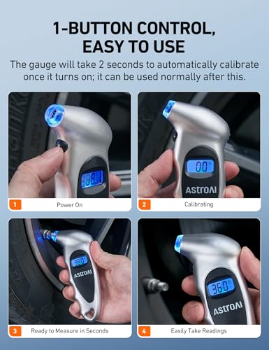 AstroAI Digital Tire Pressure Gauge 0-150PSI Calibrated to ANSI B40.7 +/-1PSI, Accurate in 0.1 Increments, Tire Repair Tools 4 Pressure Measurements for Car Truck with Backlight LCD, Silver - color: Silver