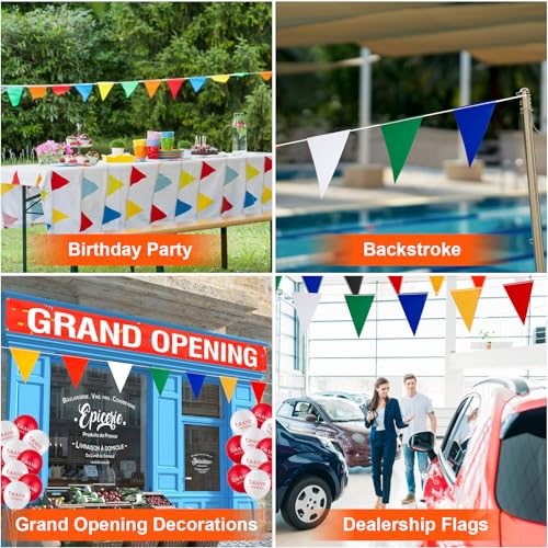 Multicolor Pennant Safety Flags, Perimeter Warning Flag Banner Line, For Flagging Construction/Traffic Barrier/Parking Lot/Rooftop/Backstroke/Party & Special Events 7" X 10" Pennants on 100' Rope - color: 100FT