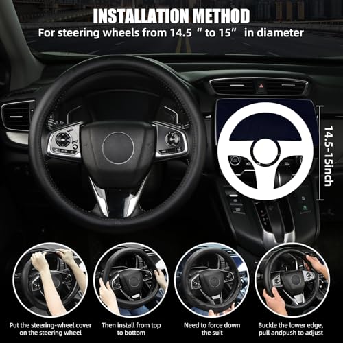 Leather Steering Wheel Cover, Anti-Slip, Safety, Soft, Breathable, Adaptable to 14.5-15 inches Steering Wheel Fit SUV Jeep Van Sedan, Car Steering Wheel Protector for Women Men,Classic Black - color: Classic Black