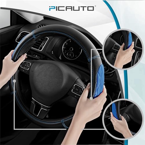 PIC AUTO Steering Wheel Cover, Blue Thick Rhombic Foam and Premium Leather, Universal 14.5-15.5 Inch Breathable Anti-Slip Steering Wheels Accessories for Men & Women - color: Blue