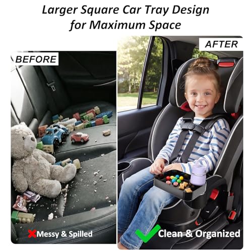Car Seat Snack Tray for Kids, Mess-Free Square Travel Tray Cup Holder Snack Tray, Durable Car Food Tray for Toddlers, Universal Fit Kids Travel Road Trip Essentials (Black) - color: black
