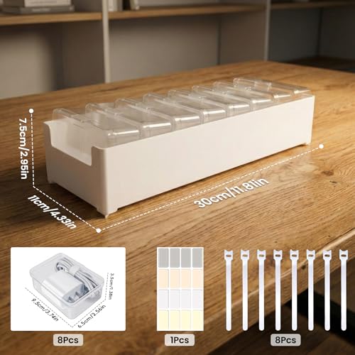 8 Individual Cable Organizer Boxes With Base, Cord Storage Organizer With Labels And Cable Straps For Charging Cables, Adapters, Earphones And Small Electronic Accessories
