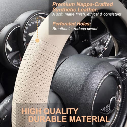 PINCTROT Nappa Leather Steering Wheel Cover, Slim Fit No Bulk Design, One Piece Leather with Breathable Perforation, Fit Like Gloves, Universal 14.5-15 Inch(Nappa Beige) - color: 06.Beige, size: Medium(Standard) Size[14 1/2''-15'']
