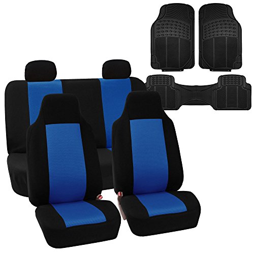 FH Group FH-FB102114 Full Set Classic Cloth Car Seat Covers Blue/Black Color with F11306 Vinyl Floor Mats - Fit Most Car, Truck, SUV, or Van - color: Blue, size: Seat cover & Floor mat