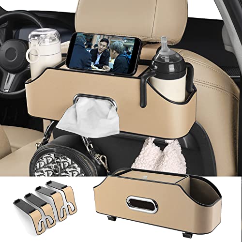 HOLDCY Car Back Seat Organizer with 2 Drink Cup Holder - Tissue Box and Storage Box Hook - Multi-functional Storage - Great for Kids and Travel (Beige) - color: Beige