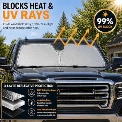 GMC Sierra Windshield Sun Shade, Custom Fit Foldable Front Window Sunshade Visor, UV and Heat Protection Interior Cover, Fits 1990–2025 Models - size: For Sierra 1990-2025