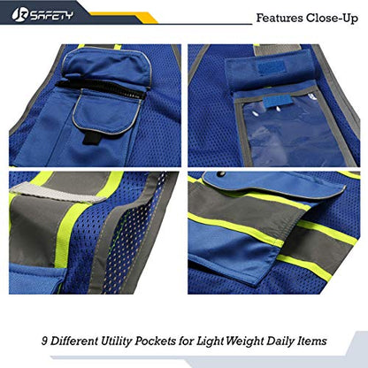 JKSafety 9 Pockets High Visibility Zipper Front MESH Blue Safety Vest | Blue with Dual Tone High Reflective Strips | ANSI/ISEA Standards (100-Blue, M) - color: Mesh-blue, size: Medium