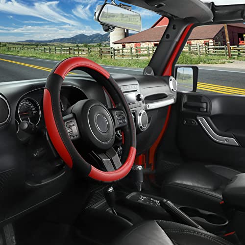 SEG Direct Car Steering Wheel Cover for F-150 Tundra Range Rover 15.5-16 inch, Black and Red Microfiber Leather - color: Black and Red, size: Large size[15 1/2''-16'']