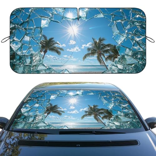 Beach Car Windshield Sunshades Broken Glass Tropical Palm Summer Front Window Sun Shade Blocks UV Rays Sun Visor Protector for Car Sedan Truck SUV Accessories 59" L x 31.5" W - color: Beach
