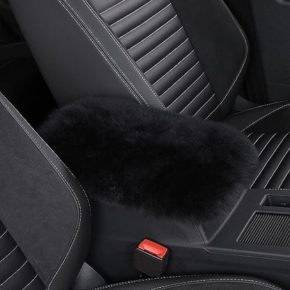 Genuine Sheepskin Center Console Cover Pad Genuine Furry Fluffy Wool Fur Car Armrest Cover Protector Universal Fit for SUV/Truck/Car - color: Long Wool-Black