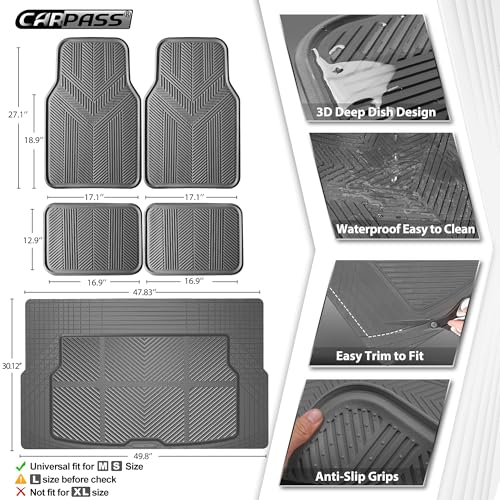 CAR PASS Universal Car Floor Mats & Cargo Liner Full Set, Waterproof Anti-Slip Rubber Trim to Fit Trunk Mats All Weather Protection Fit Car SUV Sedan Coupe Vehicle Automotive 5 Pieces, S-M Size Gray - color: Gray