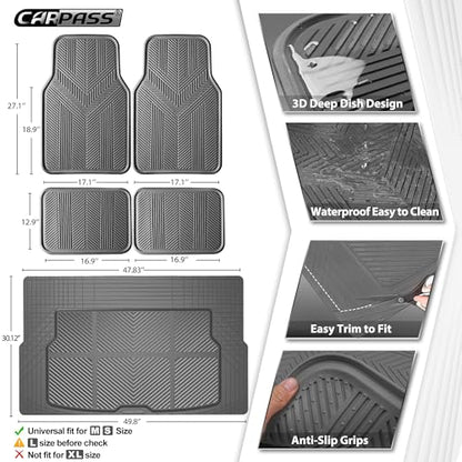 CAR PASS Universal Car Floor Mats & Cargo Liner Full Set, Waterproof Anti-Slip Rubber Trim to Fit Trunk Mats All Weather Protection Fit Car SUV Sedan Coupe Vehicle Automotive 5 Pieces, S-M Size Gray - color: Gray