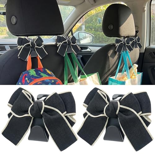 2pc Car Seat Headrest Hooks, Cute Bow Car Purse Hook for Bags, Heavy Duty Hanger for Handbag Grocery Bag Coat, Interior Accessories for Women (Black1) - color: Black1