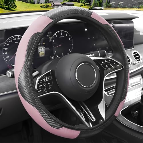 Car Steering Wheel Cover, 15 inch Carbon Fiber Microfiber Leather Elastic Steering Wheel Protector, Breathable Anti-Slip Comfortable Steering Wheel Covers for Most Cars (Black&Pink) - color: Black&Pink