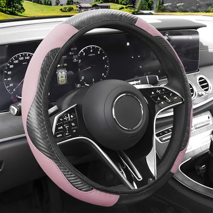 Car Steering Wheel Cover, 15 inch Carbon Fiber Microfiber Leather Elastic Steering Wheel Protector, Breathable Anti-Slip Comfortable Steering Wheel Covers for Most Cars (Black&Pink) - color: Black&Pink