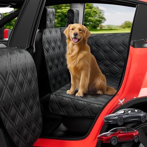 Dog Car Seat Cover for Back Seat Compatible with Tesla Model Y — Hard Bottom Pet Travel Hammock with Seat Extender, Waterproof Backseat Dog Cover with Door & Headrest Protectors - size: Tesla Dog Car Seat - Hard Bottom