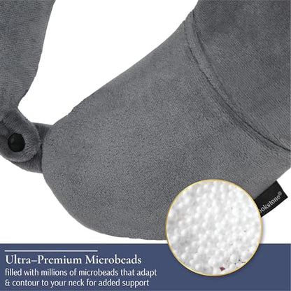Brookstone Microbead Travel Head and Neck Pillow Lightweight and Plush with Phone or Headphone Pocket, Dark Grey