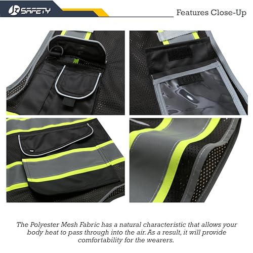 JKSafety 9 Pockets High Visibility Zipper Front MESH Black Safety Vest | Black with Dual Tone High Reflective Strips | ANSI/ISEA Standards (100-Black, M) - color: Mesh-black, size: Medium