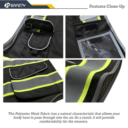 JKSafety 9 Pockets High Visibility Zipper Front MESH Black Safety Vest | Black with Dual Tone High Reflective Strips | ANSI/ISEA Standards (100-Black, M) - color: Mesh-black, size: Medium