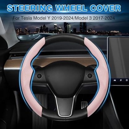 Shademax Custom-Fit for Tesla Steering Wheel Cover, Tesla Model Y / 3 2017-2025 (Fit Model Y Juniper 2026/ Model 3 Highland) Carbon Fiber Steering Wheel Cover for Tesla Model Y / 3 Accessories (Pink) - color: B-Pink