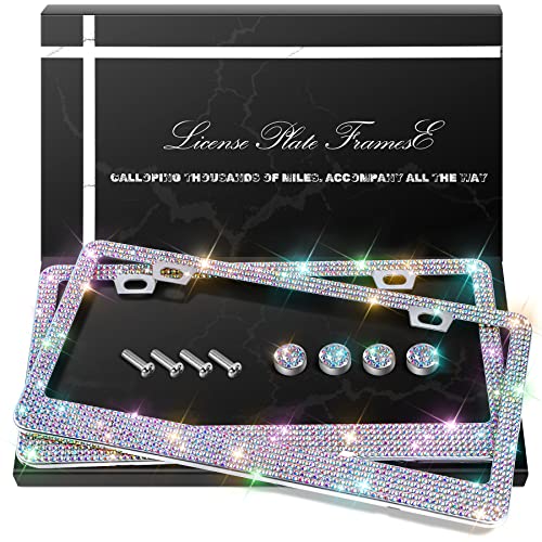 QUANQIUFEI 2 Pack Bling License Plate Frames, Sparkly Rhinestone Diamond Car License Plate Cover for Women, Stainless Steel Car Accessories with Glitter Crystal Caps (Colorful) - color: Colorful